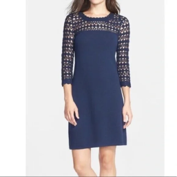 lilly pulitzer navy crochet dress Lilly Pulitzer Navy Blue Gold Multi-Color Pom Crochet RACHELLE Shift Dress S